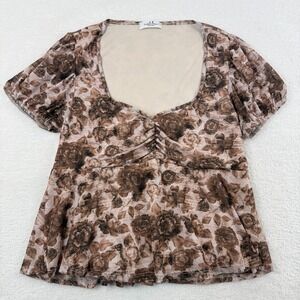 Rebellious Dreamer Floral Mesh RuchedTop Womens Large Brown Cottage Boho Fairy